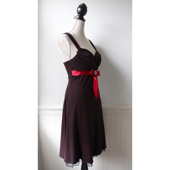 Black & Red Polka Dot Dress w/Ribbon Waist Size S - Picture 2 of 8